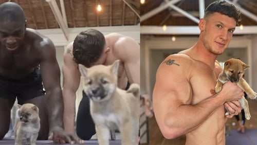 Bodybuilders Try Puppy Yoga