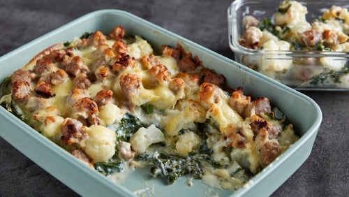 Gratin de saucisses au chou-fleur et fromage
