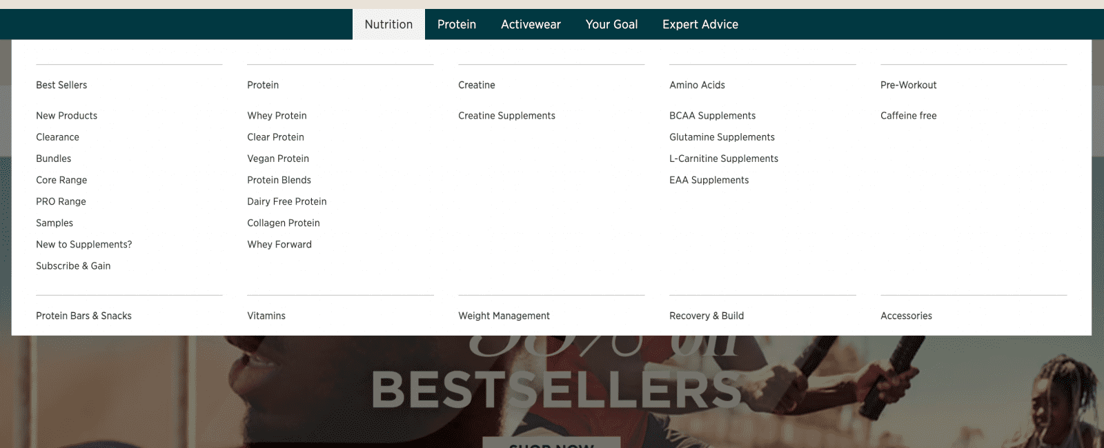 Myprotein website navigation bar