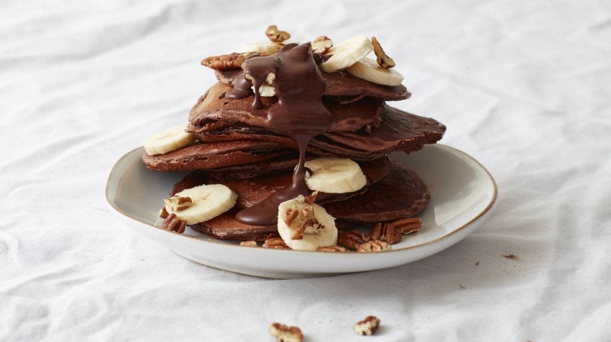 Banana Pecan Protein Pancakes with Gooey Chocolate Sauce