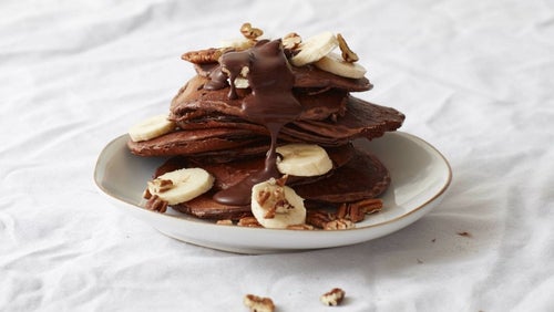 Banana Pecan Protein Pancakes with Gooey Chocolate Sauce