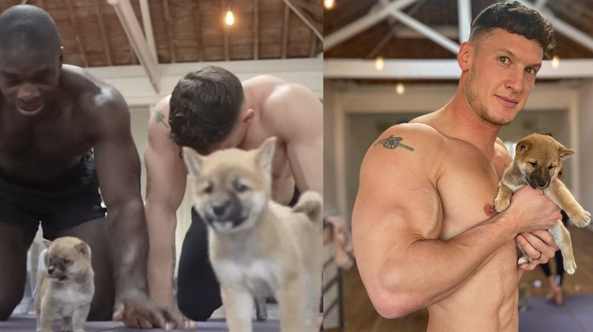 Bodybuilders Try Puppy Yoga
