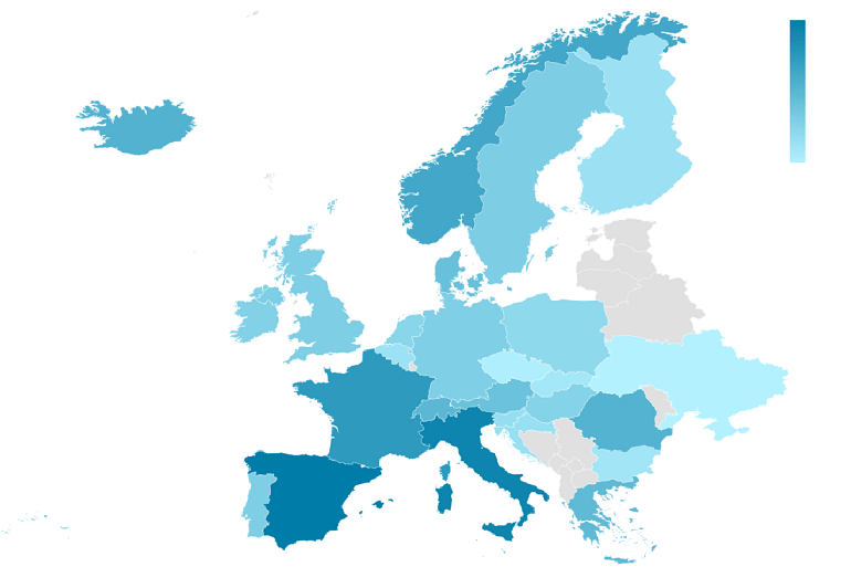 Heat map of Europe showing the rise in home workout searches, highest in Spain and Italy