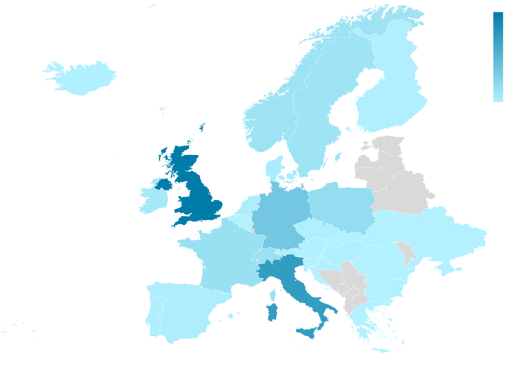 Heat map of Europe showing total home workout searches, highest in the UK