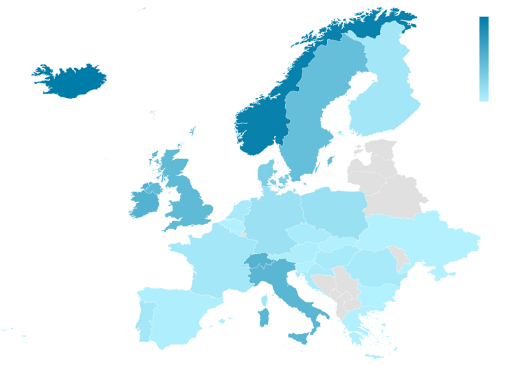 Heat map of Europe showing home workout searches per person, highest in Iceland and Norway