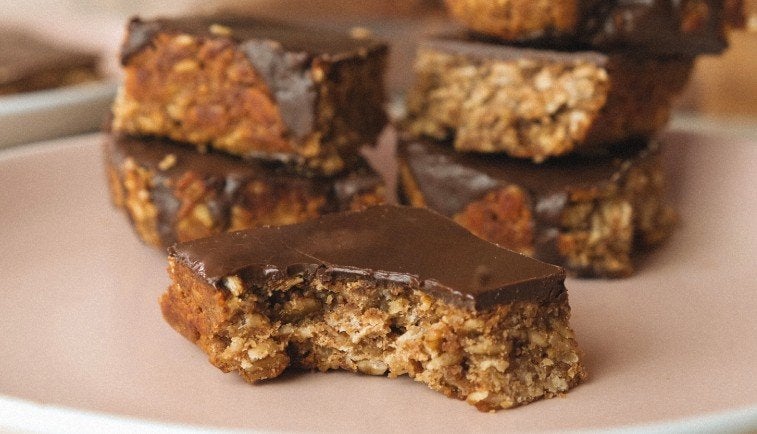 Chocolate-topped peanut butter flapjacks