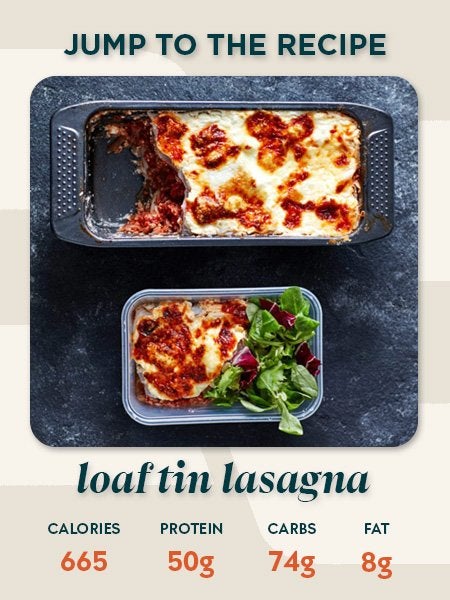 Loaf tin lasagne recipe card showing 665 calories, 50g protein, 74g carbs and 8g fat per serving