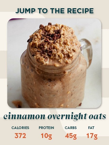 Cinnamon overnight oats recipe card showing 372 calories, 10g protein, 45g carbs and 17g fat per serving