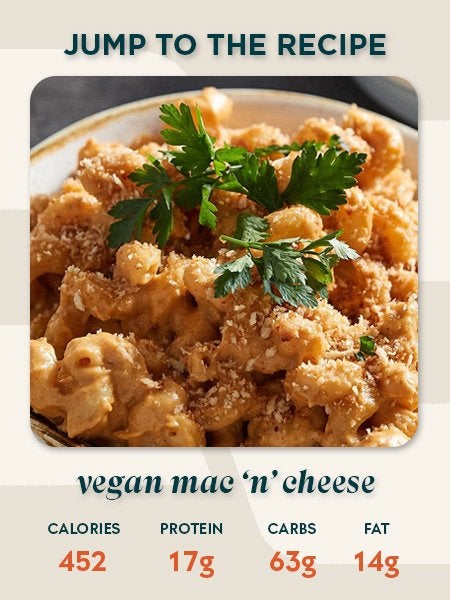 Vegan mac and cheese recipe card showing 452 calories, 17g protein, 63g carbs and 14g fat per serving