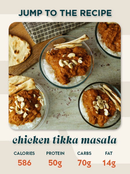 Chicken tikka masala meal prep recipe card showing 586 calories, 50g protein, 70g carbs and 14g fat per serving