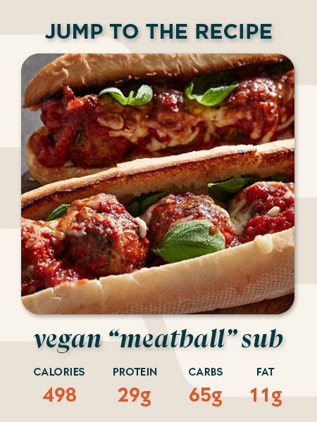 Vegan meatball sub recipe card showing 498 calories, 29g protein, 65g carbs and 11g fat per sub