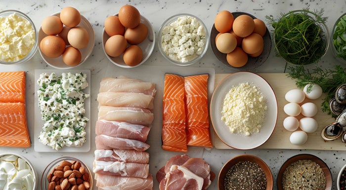 A variety of protein-rich foods including eggs and chicken