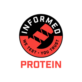 Informed Protein logo: A black and red circular badge with a central protein molecule icon, featuring the text "We Test You Trust".