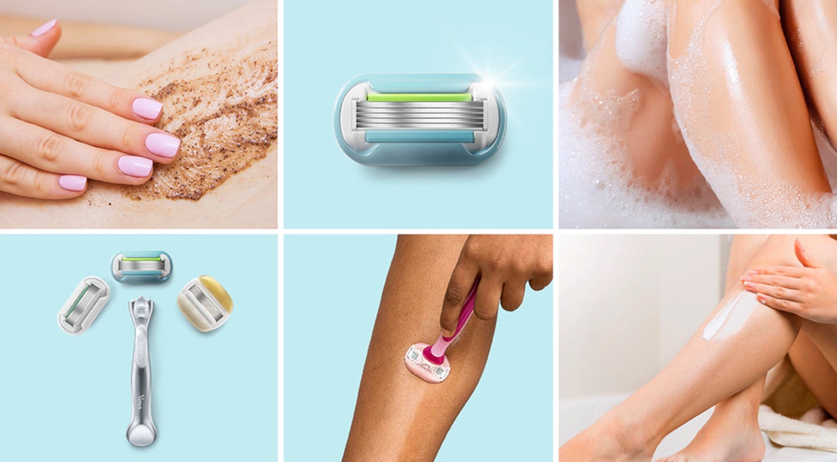 Six images - exfoliation, razor blade, bubble bath, razor with blades, shaving and moisturising | Gillette Venus UK