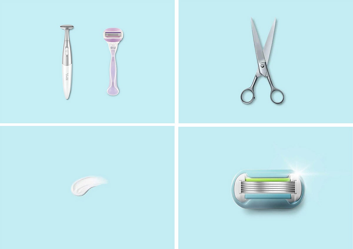 Four images on a pale blue background - razor, scissors, moisturiser and a blade | Gillette Venus UK