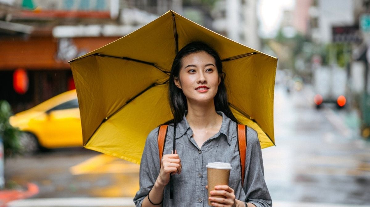 A woman walks with an umbrella, confident that her makeup will stay in place.