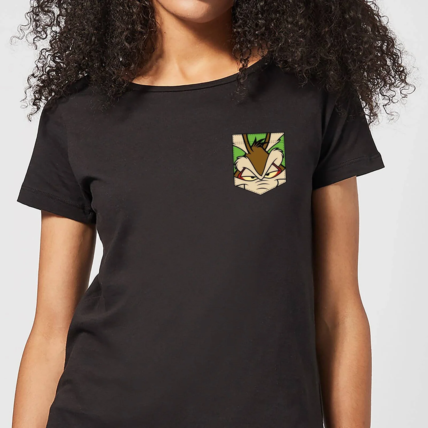Looney Tunes Wile E Coyote Face Faux Pocket Women's T-Shirt - Black