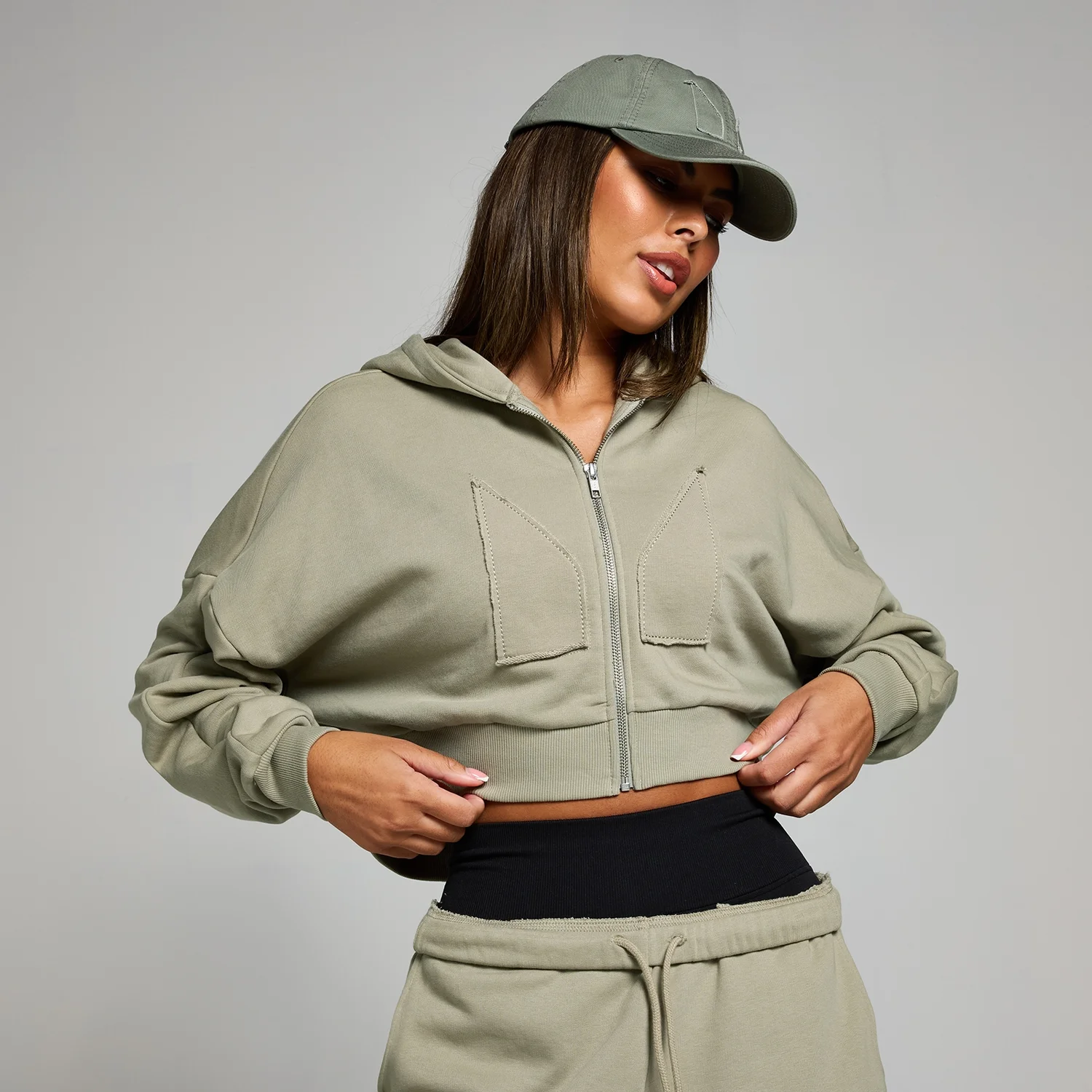 MP Women's Cropped Applique Zip Through Hoodie - Deep Sage