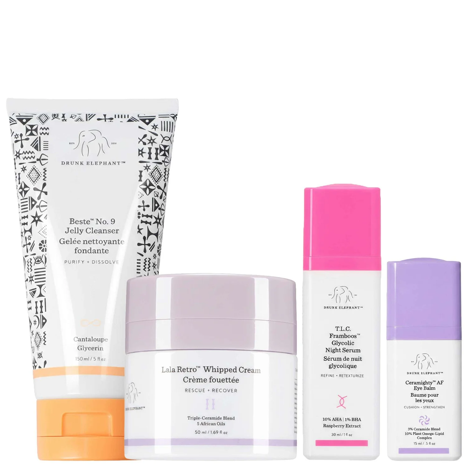 Drunk Elephant Jelly Cleanser 150ml, Whipped Cream 50ml, Night Serum 30ml & Eye Cream 15ml Bundle
