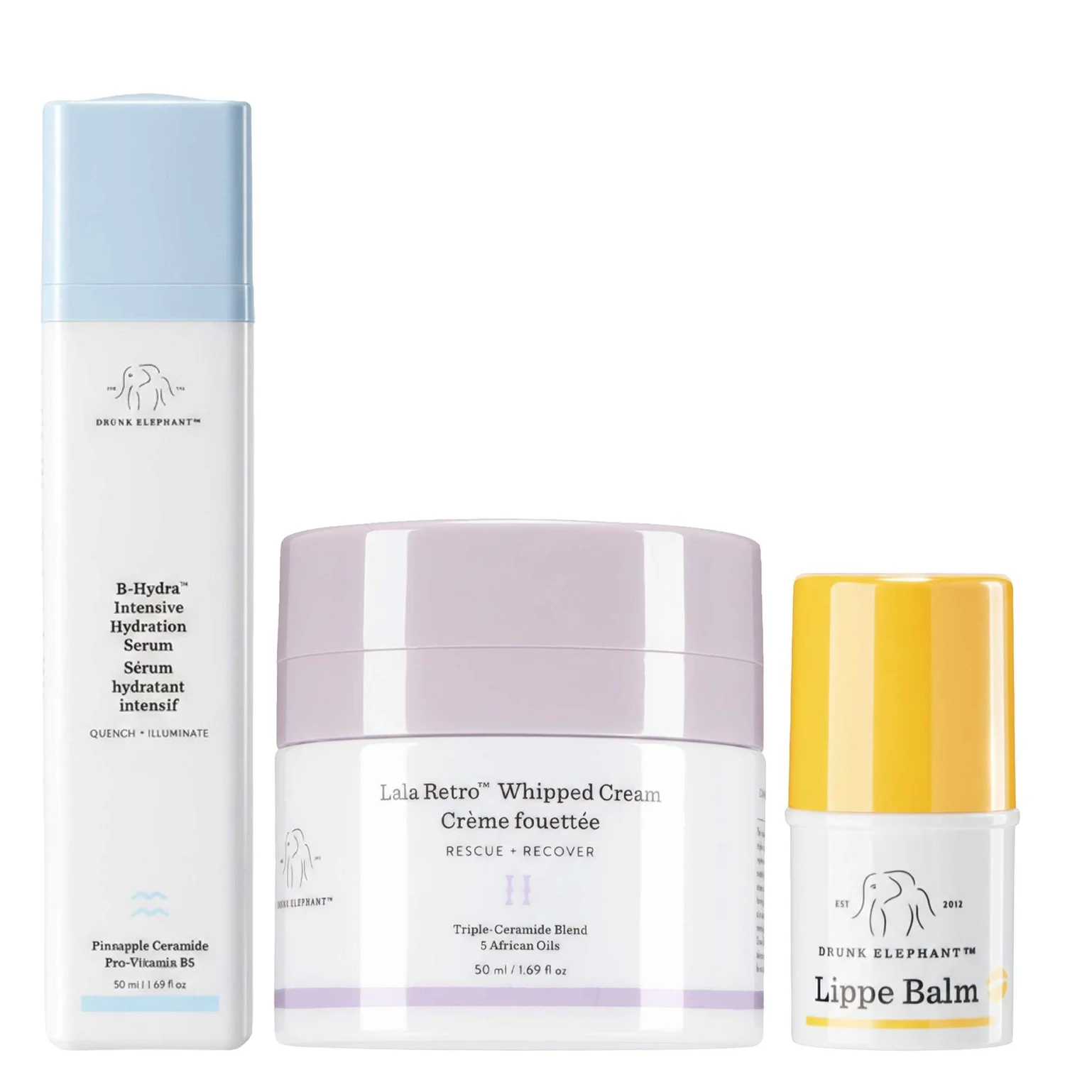 Drunk Elephant Trio: Hydration Serum 50ml, Lala Retro Whipped Cream 50ml & Lippe Balm 3.7g