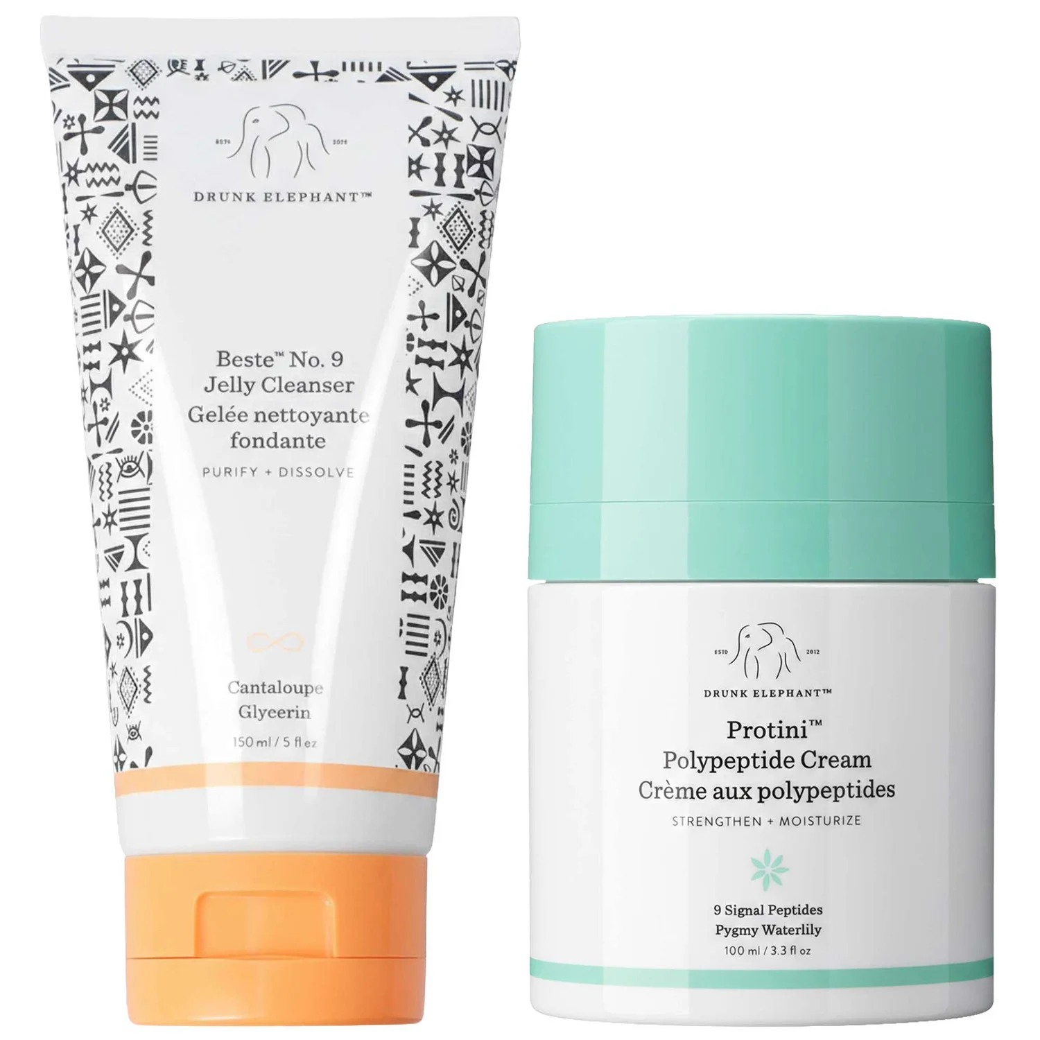 Drunk Elephant Duo: Beste No. 9 Jelly Cleanser PH 5.5 150ml & Protini Polypeptide Firming Refillable Moisturiser 100ml