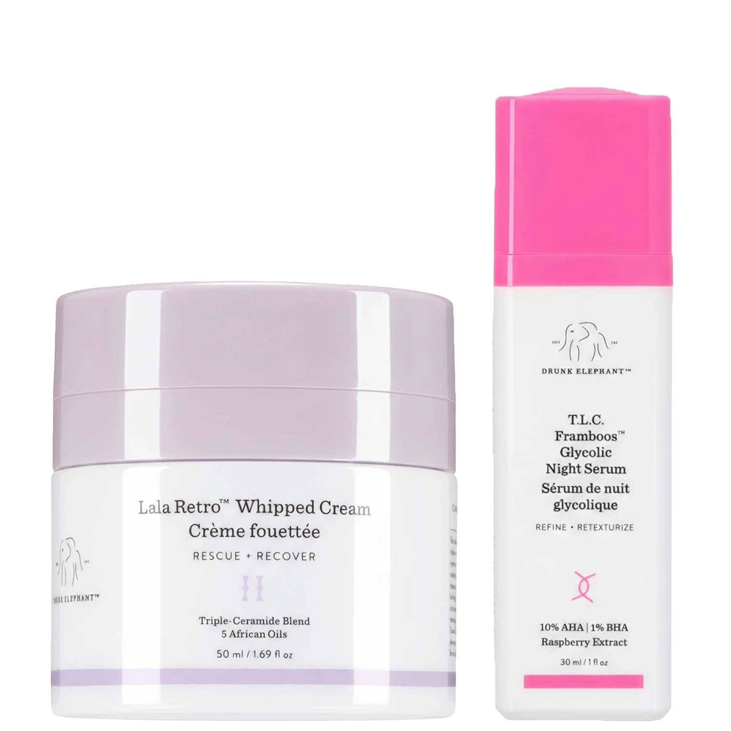 Drunk Elephant Duo: Lala Retro Whipped Cream 50ml & T.L.C. Framboos Glycolic Resurfacing Night Serum 30ml