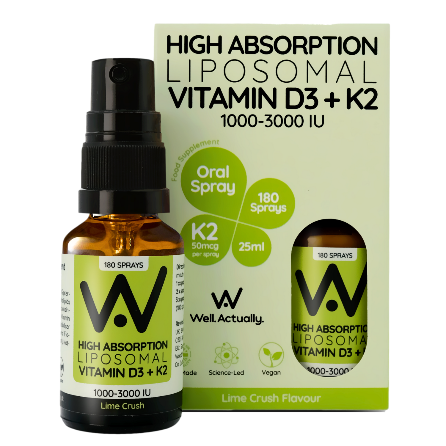 Well.Actually. Liposomal Vitamin D3 (2000iu) + K2 - Spray - Lime Crush