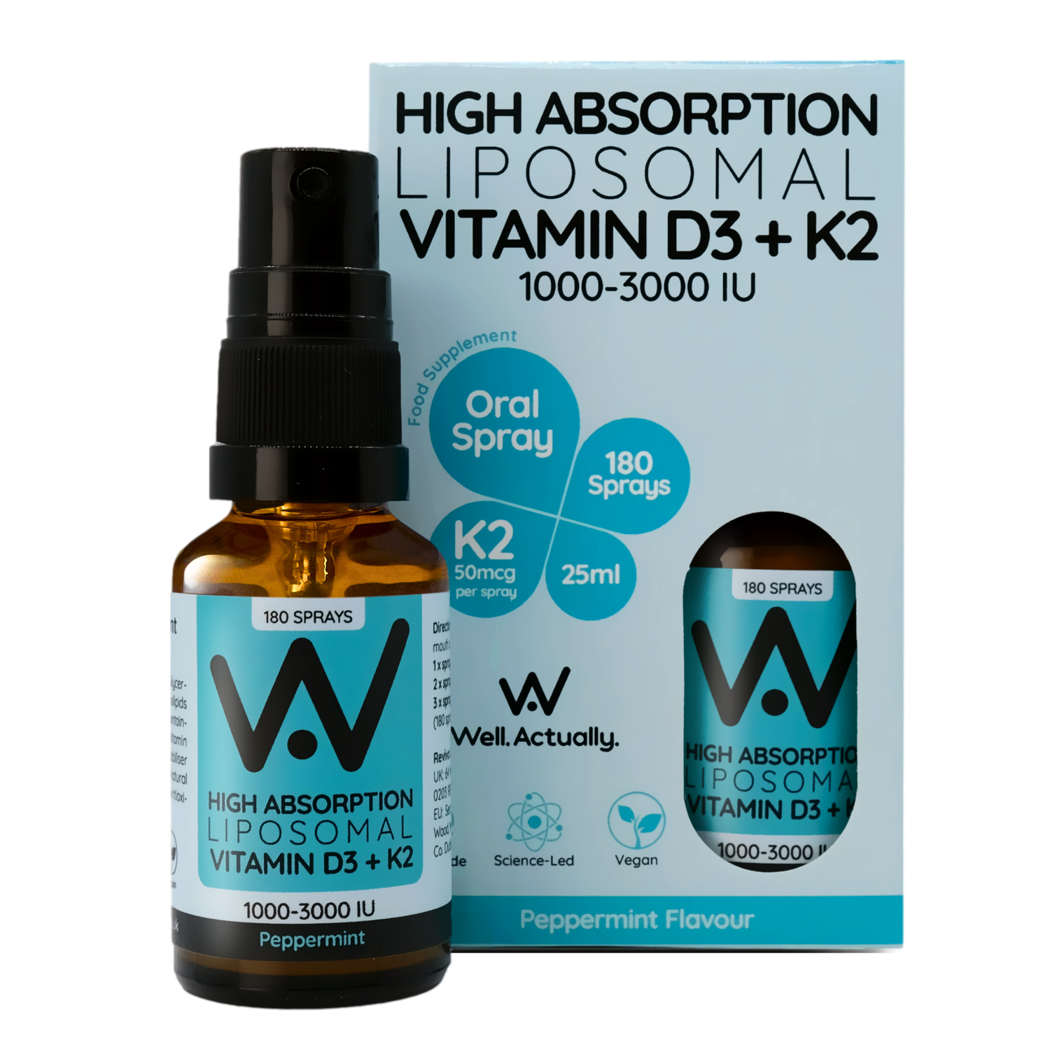 Well.Actually. Liposomal Vitamin D3 (2000iu) + K2 - Spray - Peppermint